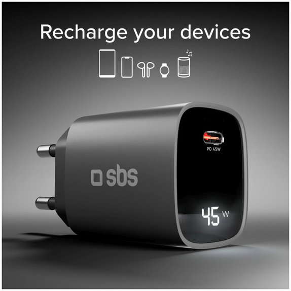 Putni adapter LCD USB-C, GaN, 45 W PD, crna, SBS