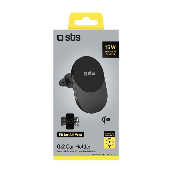 SBS - Auto držač s bežičnim punjenjem, Qi2, 15W, MagSafe, za ventilacijski otvor, crna