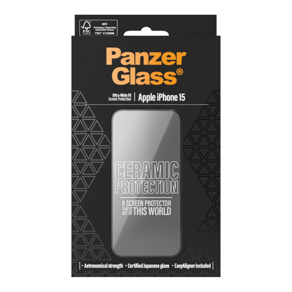Kaljeno staklo UWF Ceramic s aplikatorom za iPhone 15, Crna, PanzerGlass