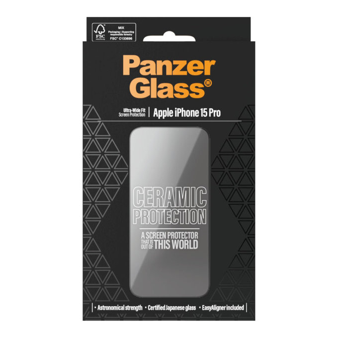 Kaljeno staklo UWF Ceramic s aplikatorom za iPhone 15 Pro, Crna, PanzerGlass