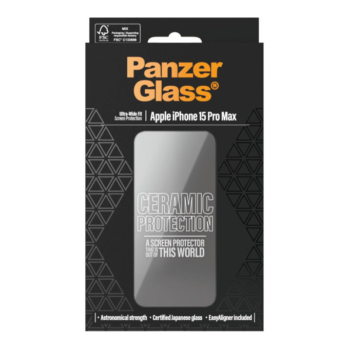 Kaljeno staklo UWF Ceramic s aplikatorom za iPhone 15 Pro Max, Crna, PanzerGlass