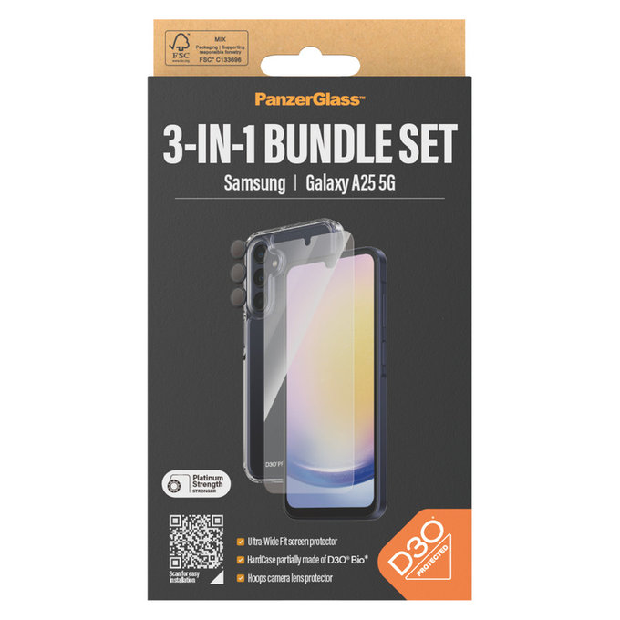 Bundle Hoops + Kaljeno staklo UWF + Hard Case D3O za Samsung Galaxy A25 5G, Prozirna, PanzerGlass