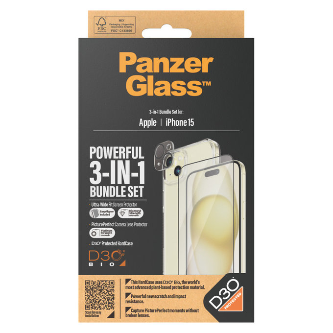 Bundle PicturePerfect + Kaljeno staklo UWF + Hard Case D3O za iPhone 15, PanzerGlass
