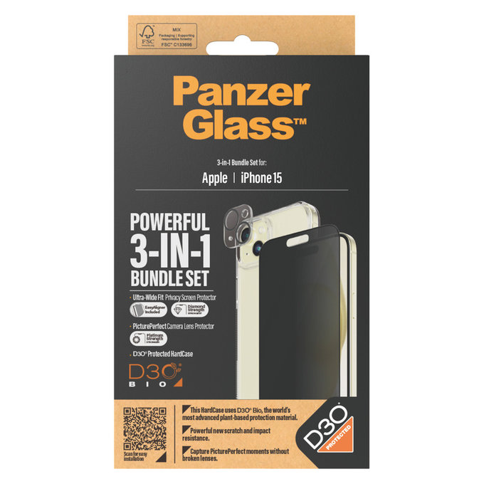 Bundle PicturePerfect + Kaljeno staklo UWF Privacy + Hard Case D3O za iPhone 15, PanzerGlass