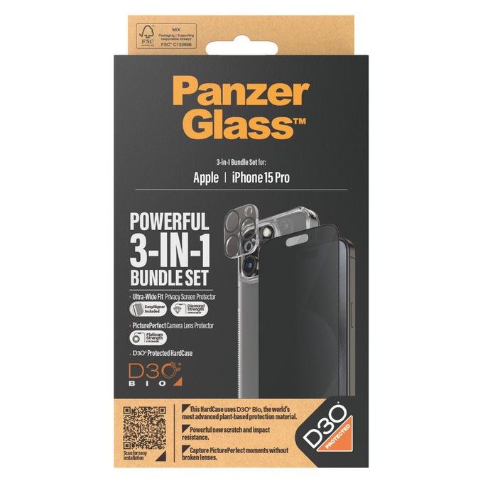 Bundle PicturePerfect + Kaljeno staklo UWF Privacy + Hard Case D3O za iPhone 15 Pro, PanzerGlass
