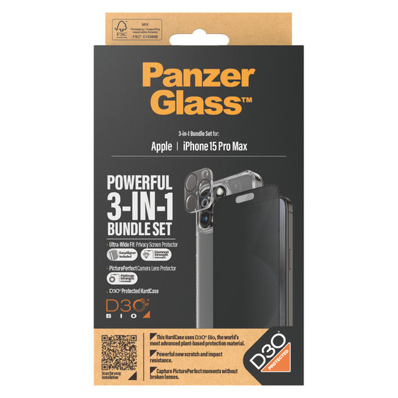Bundle PicturePerfect + Kaljeno staklo UWF Privacy + Hard Case D3O za iPhone 15 Pro Max, PanzerGlass