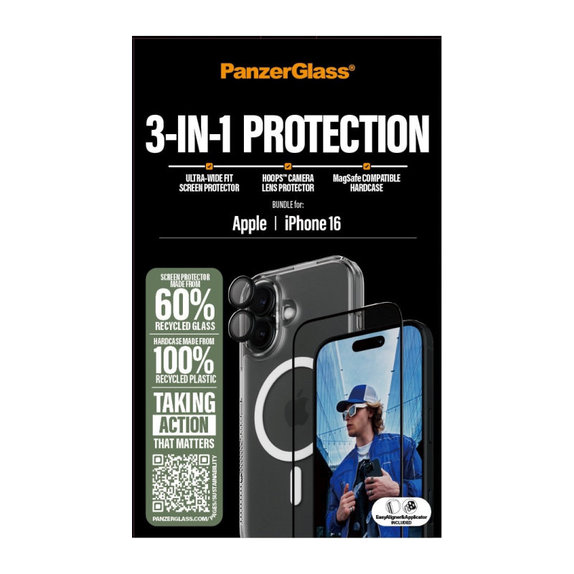 Bundle 3u1 Hoops + UWF kaljeno staklo + Hard Case za iPhone 16, PanzerGlass
