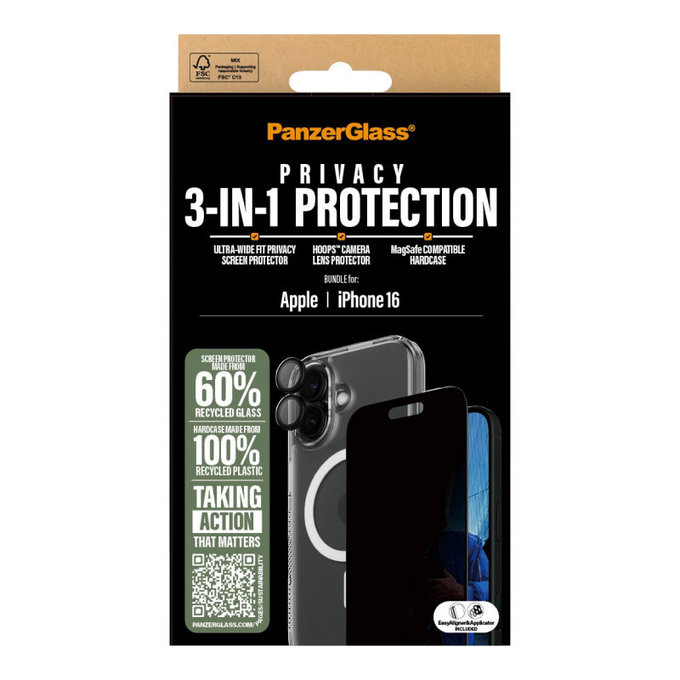 Bundle Hoops + Kaljeno staklo UWF Privacy + Hard Case za iPhone 16, PanzerGlass