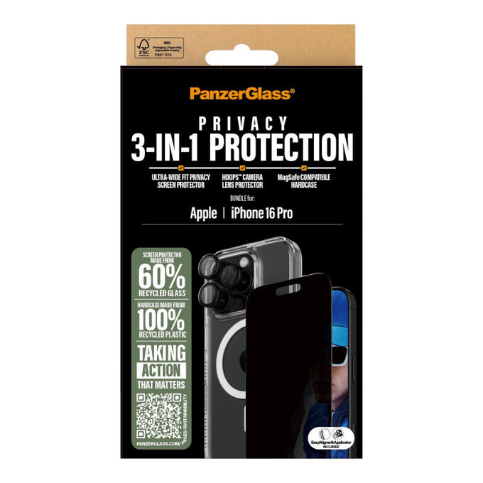 Bundle Hoops + Kaljeno staklo UWF Privacy + Hard Case za iPhone 16 Pro, PanzerGlass