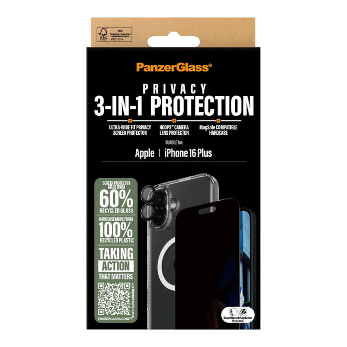 Bundle Hoops + Kaljeno staklo UWF Privacy + Hard Case za iPhone 16 Plus, PanzerGlass