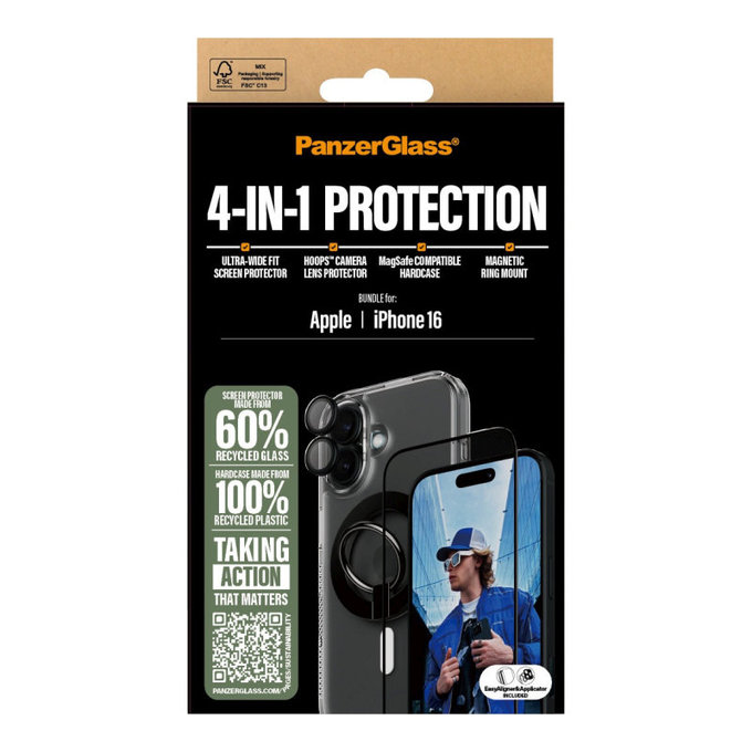 Bundle Hoops + Kaljeno staklo UWF + Hard Case + Magnetic Ring Mount za iPhone 16, PanzerGlass