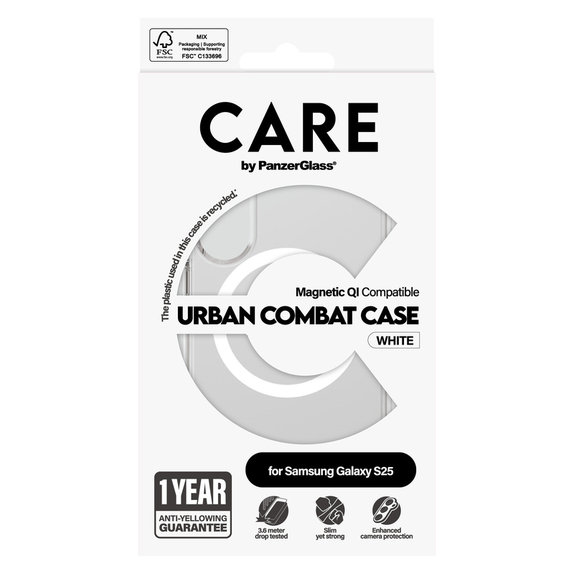 Maska Urban Combat s bijelim QI za Samsung Galaxy S25, Prozirna, PanzerGlass