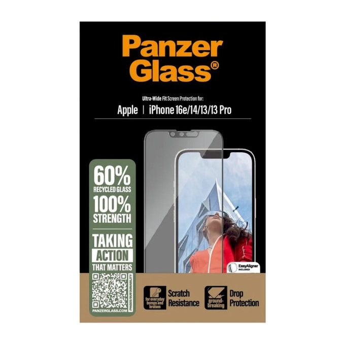 UWF kaljeno staklo s aplikatorom za iPhone 17e/16e/14/13/13 Pro, Crna, PanzerGlass