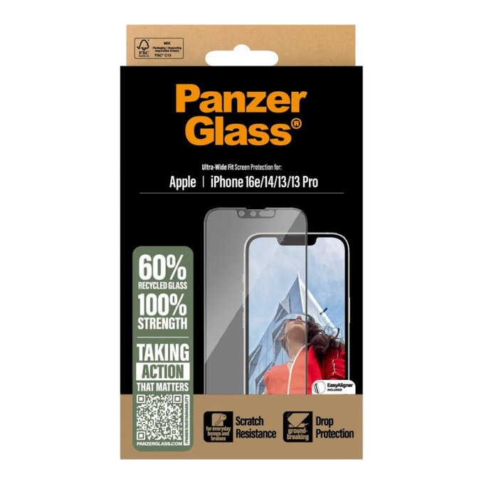 UWF kaljeno staklo s aplikatorom za iPhone 17e/16e/14/13/13 Pro, Crna, PanzerGlass