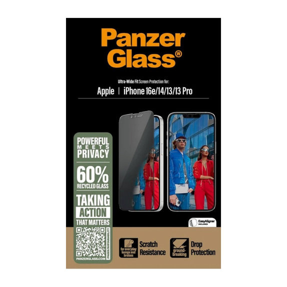 UWF Privacy kaljeno staklo s aplikatorom za iPhone 17e/16e/14/13/13 Pro, Crna, PanzerGlass