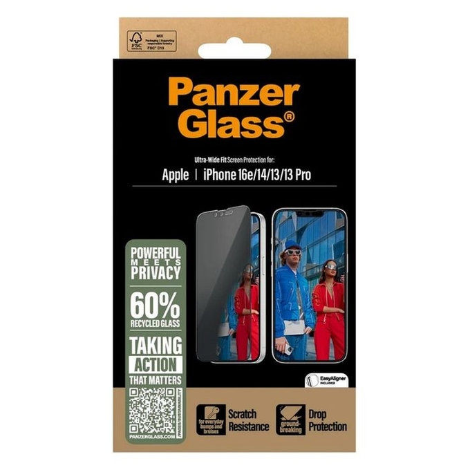 PanzerGlass - Kaljeno Staklo UWF Privacy s aplikatorom za iPhone 13, 13 Pro, 14 i 16e, transparent