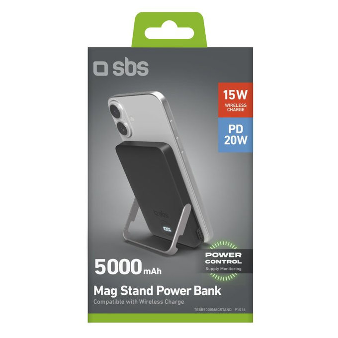 SBS - PowerBank 5000mAh, 20W, Power Delivery, Mag Stand, crna