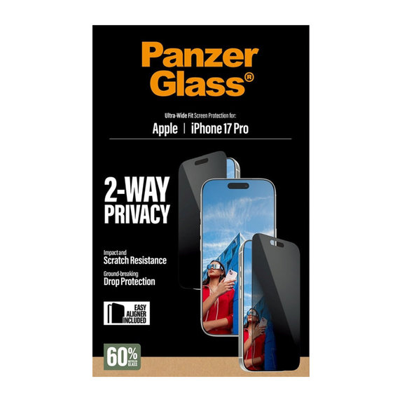 UWF 2-Way Privacy kaljeno staklo s aplikatorom za iPhone 17 Pro, Crna, PanzerGlass