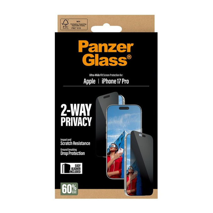 PanzerGlass - UWF 2-Way Privacy kaljeno staklo s aplikatorom za iPhone 17 Pro, crna
