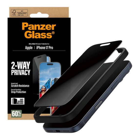 UWF 2-Way Privacy kaljeno staklo s aplikatorom za iPhone 17 Pro, Crna, PanzerGlass