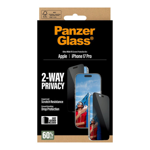 UWF 2-Way Privacy kaljeno staklo s aplikatorom za iPhone 17 Pro, Crna, PanzerGlass