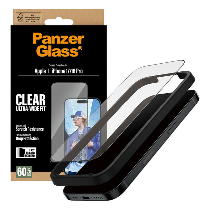 UWF kaljeno staklo s aplikatorom za iPhone 17/16 Pro, Crna, PanzerGlass