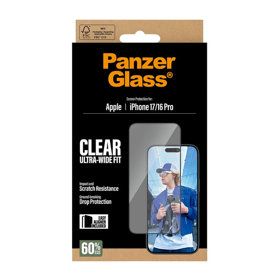 UWF kaljeno staklo s aplikatorom za iPhone 17/16 Pro, Crna, PanzerGlass