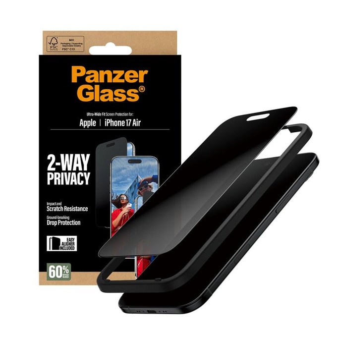 PanzerGlass - UWF 2-Way Privacy kaljeno staklo s aplikatorom za iPhone 17 Air, crna