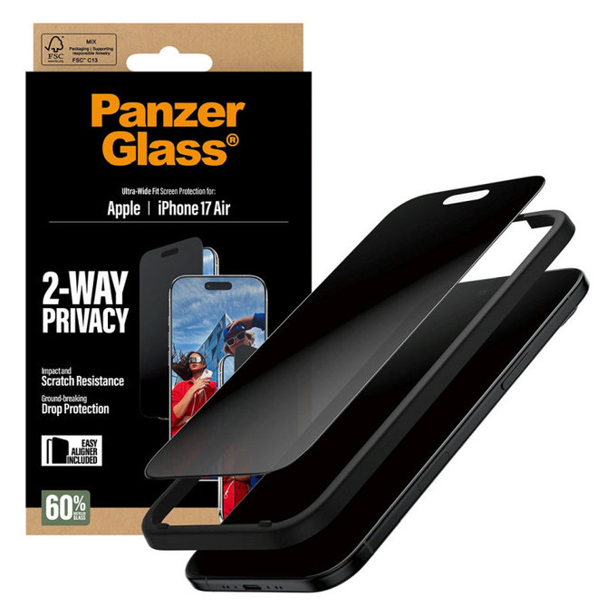 Kaljeno staklo UWF 2-Way Privacy s aplikatorom za iPhone 17 Air, Crna, PanzerGlass