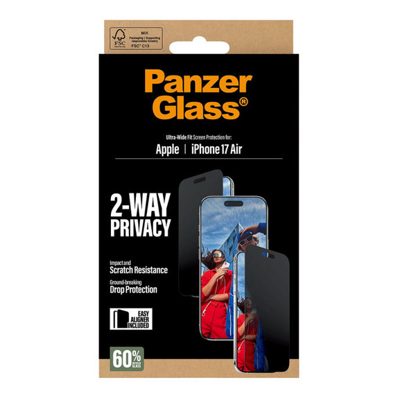 Kaljeno staklo UWF 2-Way Privacy s aplikatorom za iPhone 17 Air, Crna, PanzerGlass
