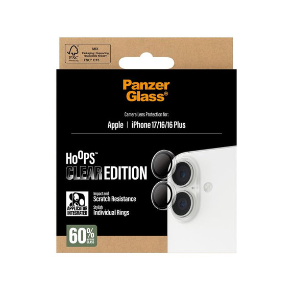PanzerGlass - Zaštitni poklopac za objektiv kamere Hoops za iPhone 16, 16 Plus, 17, prozirna