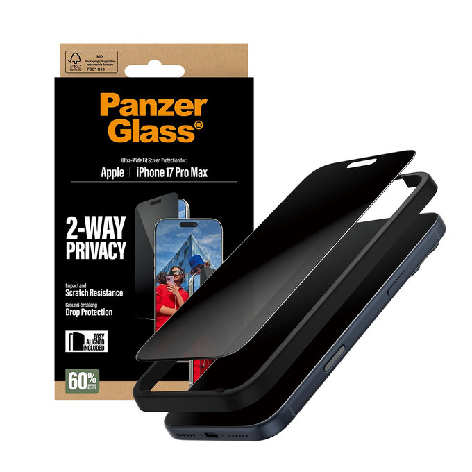 UWF 2-Way Privacy kaljeno staklo s Fastfit za iPhone 17 Pro Max, Crna, PanzerGlass