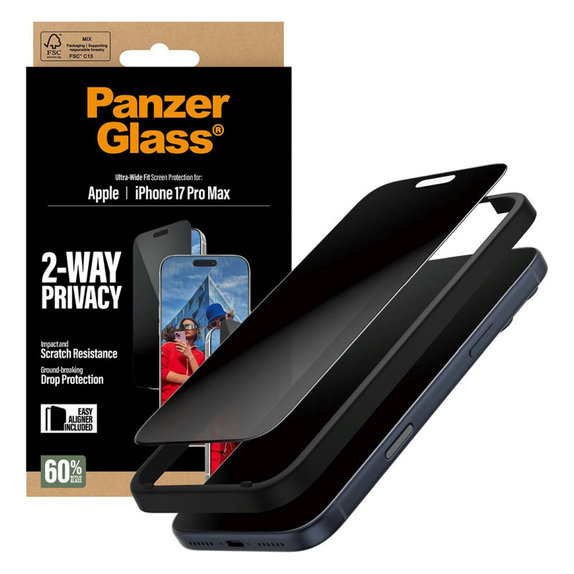 UWF 2-Way Privacy kaljeno staklo s Fastfit za iPhone 17 Pro Max, Crna, PanzerGlass