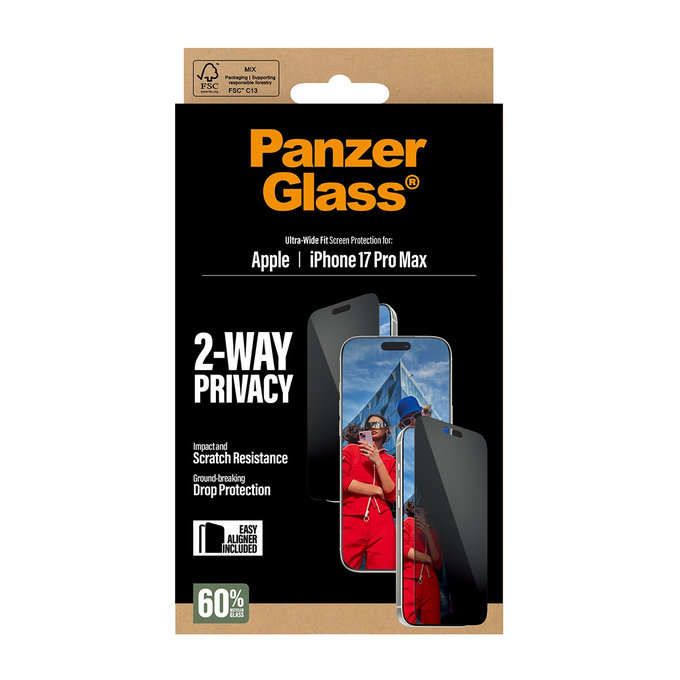 UWF 2-Way Privacy kaljeno staklo s Fastfit za iPhone 17 Pro Max, Crna, PanzerGlass