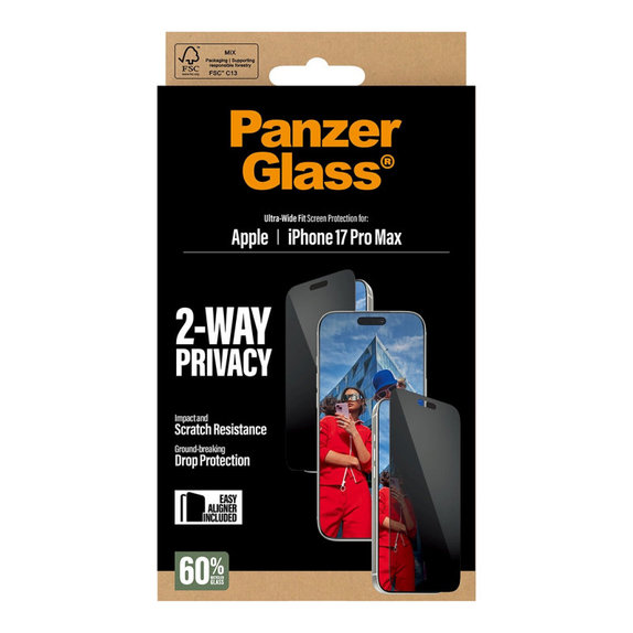 UWF 2-Way Privacy kaljeno staklo s Fastfit za iPhone 17 Pro Max, Crna, PanzerGlass