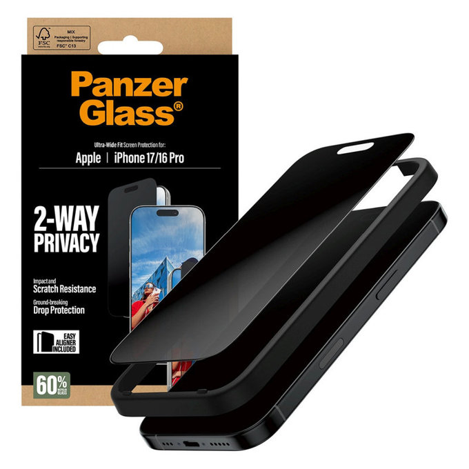 UWF 2-Way Privacy kaljeno staklo s Fastfit za iPhone 17/16 Pro, Crna, PanzerGlass
