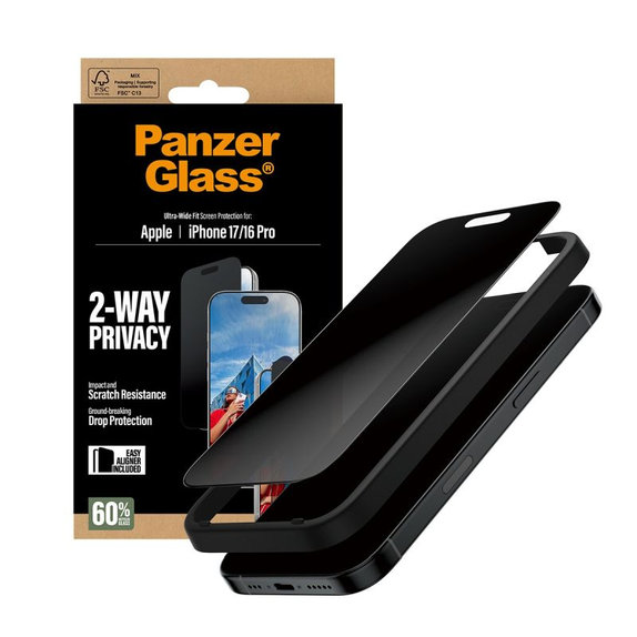 UWF 2-Way Privacy kaljeno staklo s Fastfit za iPhone 17/16 Pro, Crna, PanzerGlass