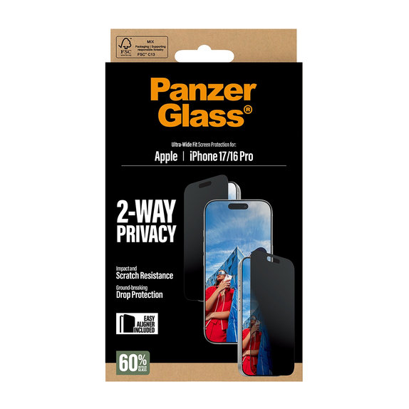 UWF 2-Way Privacy kaljeno staklo s Fastfit za iPhone 17/16 Pro, Crna, PanzerGlass