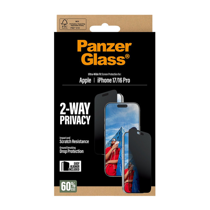 UWF 2-Way Privacy kaljeno staklo s Fastfit za iPhone 17/16 Pro, Crna, PanzerGlass