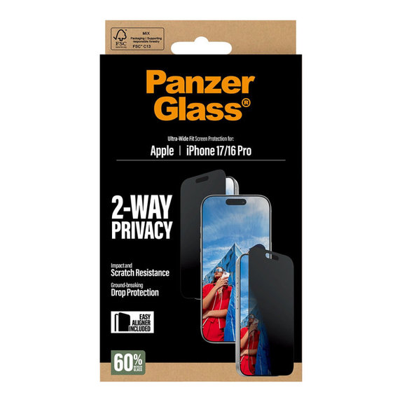 UWF 2-Way Privacy kaljeno staklo s Fastfit za iPhone 17/16 Pro, Crna, PanzerGlass