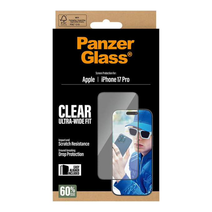 UWF kaljeno staklo s aplikatorom za iPhone 17 Pro, Crna, PanzerGlass