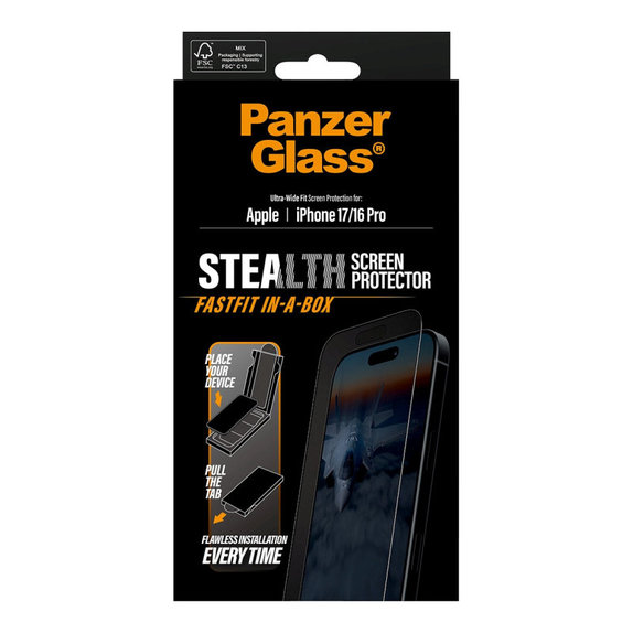 Kaljeno staklo UWF Stealth s Fastfit za iPhone 17/16 Pro, Crna, PanzerGlass