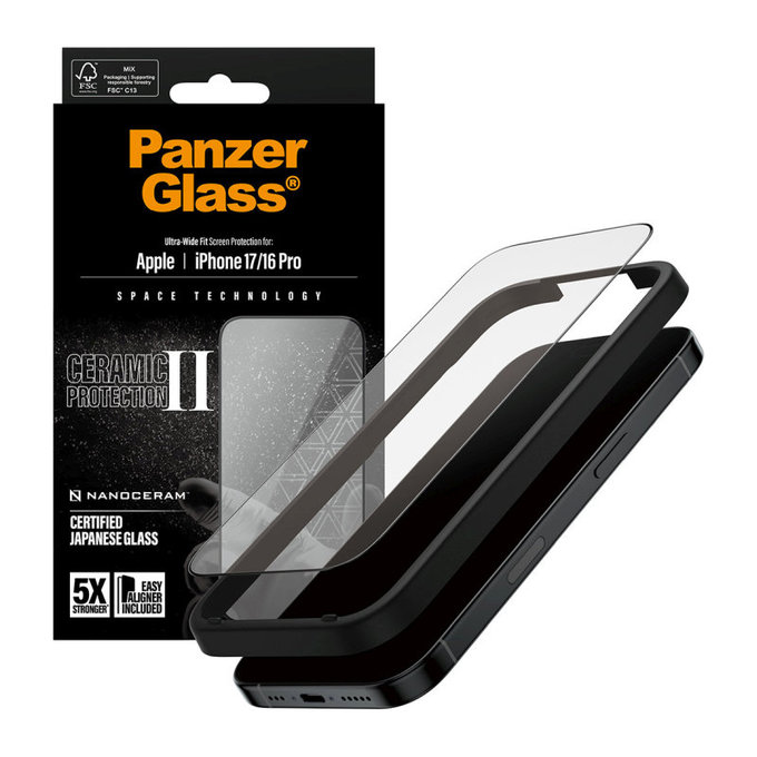 UWF Ceramic II kaljeno staklo s Fastfit za iPhone 17/16 Pro, Crna, PanzerGlass