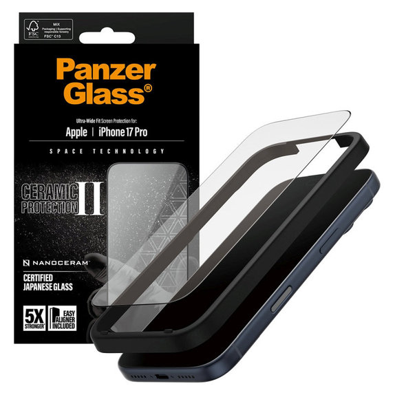 Kaljeno staklo UWF Ceramic II s aplikatorom za iPhone 17 Pro, Crna, PanzerGlass
