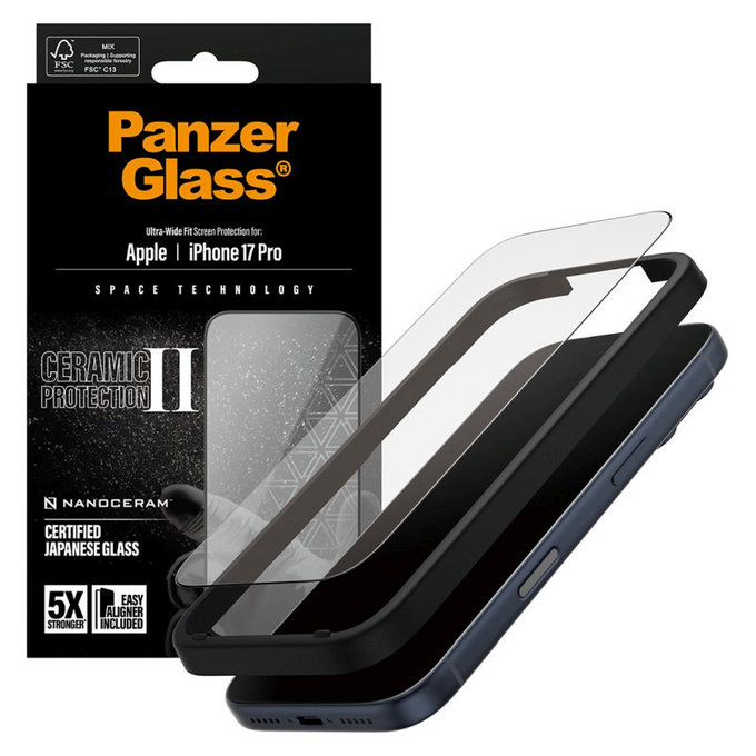 Kaljeno staklo UWF Ceramic II s aplikatorom za iPhone 17 Pro, Crna, PanzerGlass