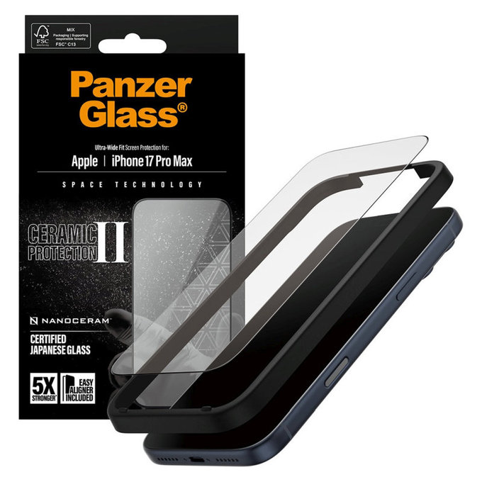 Kaljeno staklo UWF Ceramic II s aplikatorom za iPhone 17 Pro Max, Crna, PanzerGlass