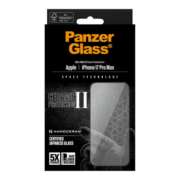 Kaljeno staklo UWF Ceramic II s aplikatorom za iPhone 17 Pro Max, Crna, PanzerGlass