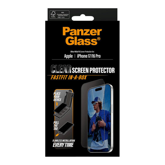 UWF kaljeno staklo s Fastfit za iPhone 17/16 Pro, Crna, PanzerGlass