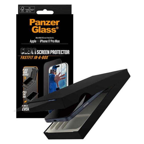 Kaljeno staklo UWF s Fastfit za iPhone 17 Pro Max, Crna, PanzerGlass