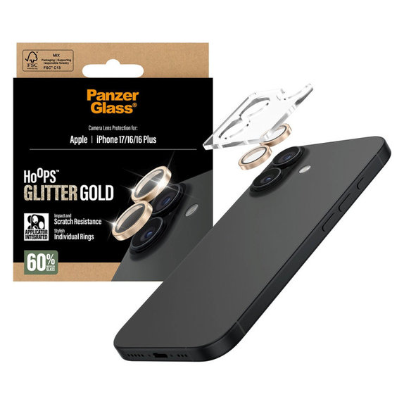 Zaštita objektiva kamere Hoops za iPhone 17/16 Plus/16, Glitter Gold, PanzerGlass